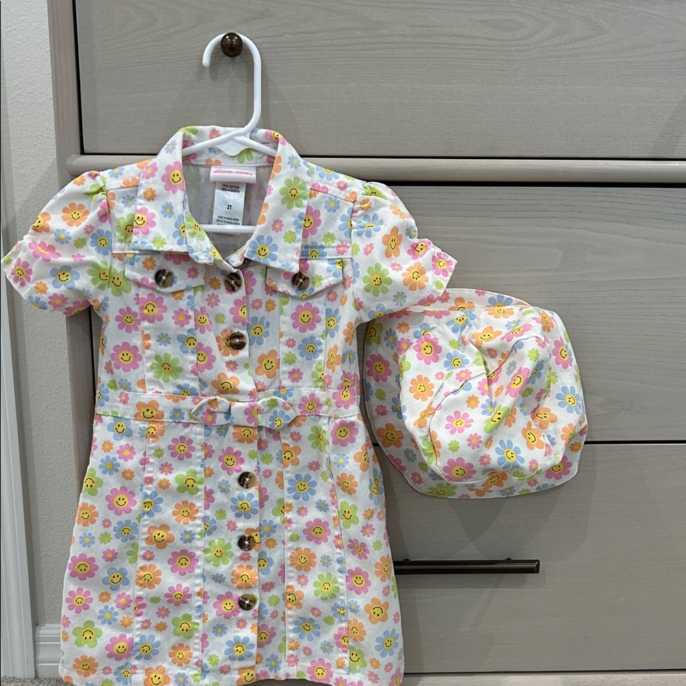Groovy Floral Button-Up 2T Dress with Matching Bucket Hat